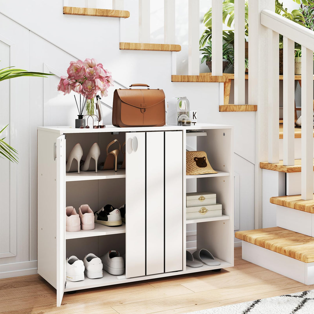 Giantex Wood Shoe Cabinet with Doors with 3-Level Adjustable Open Shelves