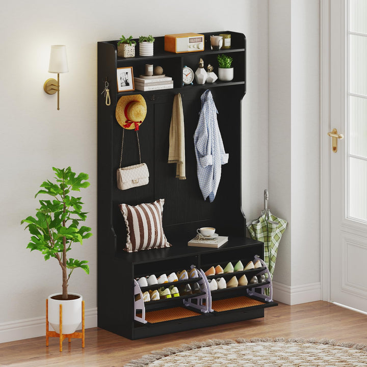 Giantex 4-In-1 Hall Tree Entryway Bench with Coat Rack & Flip Drawers