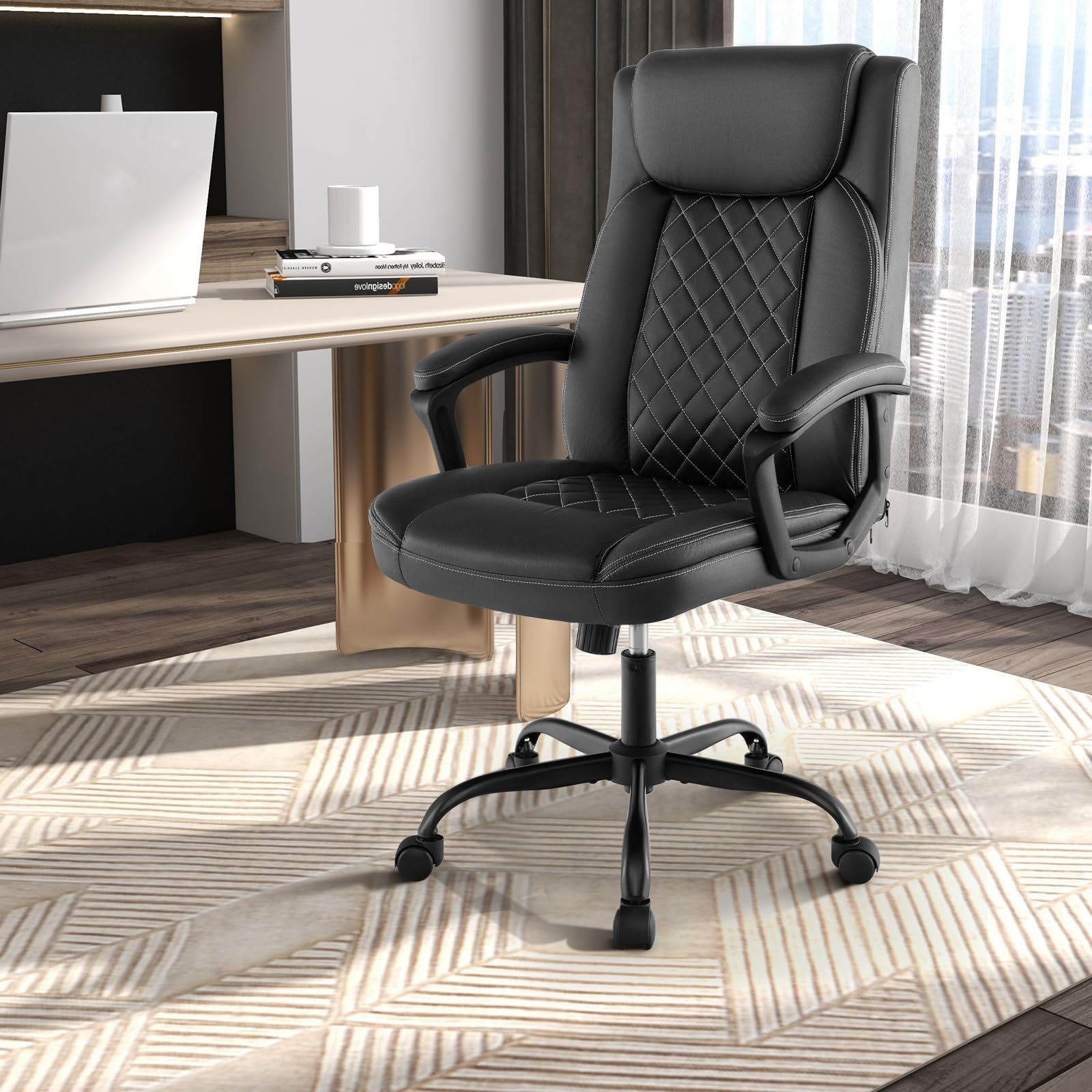 Giantex Executive Office Chair, Leather Like Desk Chair with Thick Headrest Cushion & Padded Armrests, Black