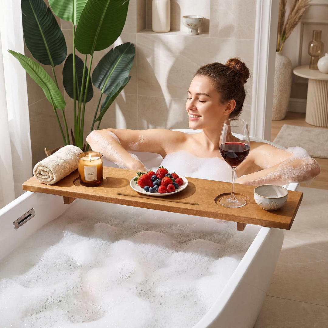 GIANTEX 35" x 8" Large Wood Bath Tray for Bathtubs with Adjustable Legs