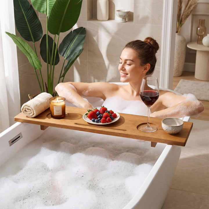 GIANTEX 35" x 8" Large Wood Bath Tray for Bathtubs with Adjustable Legs
