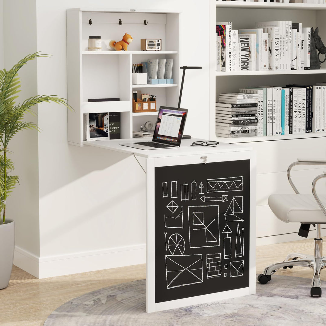 Giantex Foldable Wall Mounted Desk with Storage Shelves Hooks &amp; Chalkboard