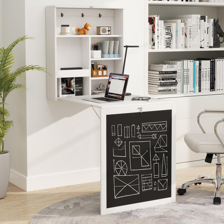 Giantex Foldable Wall Mounted Desk with Storage Shelves Hooks &amp; Chalkboard