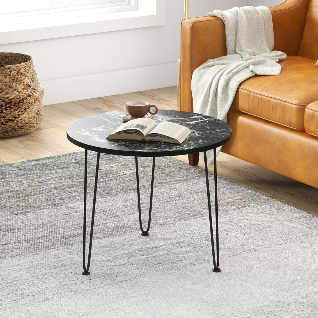 Giantex Round Coffee Table, Faux Marble Center Table with Metal Legs, Sofa Accent Side Table