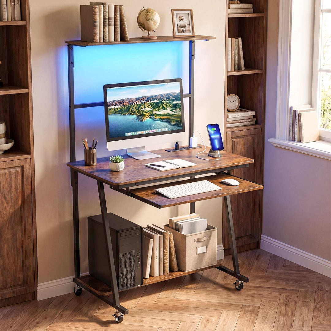 Giantex 31.5" Small Computer Desk with Charging Station &amp; LED Lights