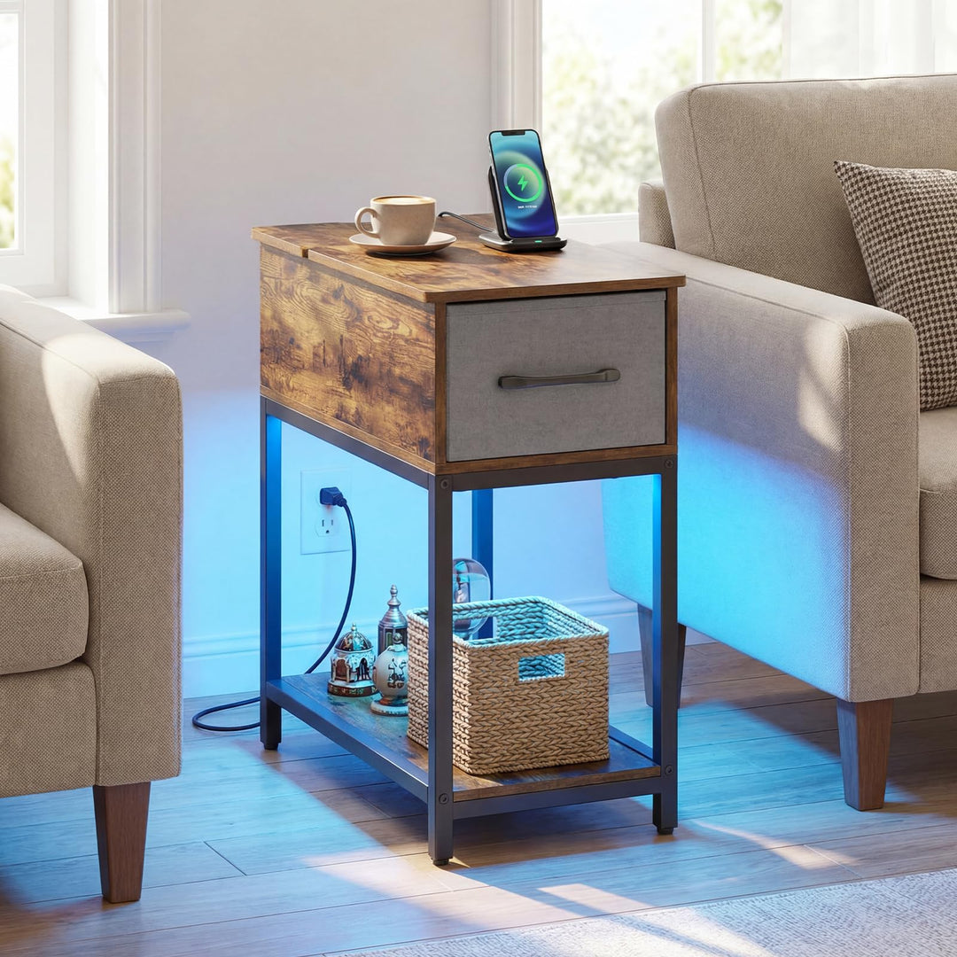Giantex Narrow Side Table with Charging Station and LED Lights Industrial End Table