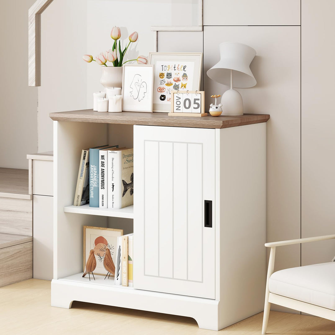 Giantex Small Sideboard Buffet Cabinet Farmhouse Kitchen Storage Cabinet with Fluted Sliding Door