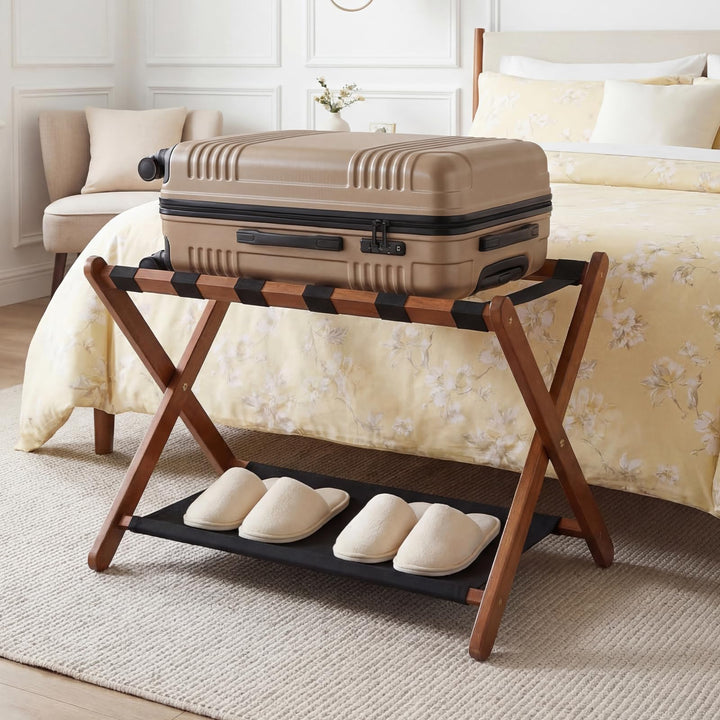 Giantex Folding Luggage Rack | Solid Rubber Wood Suitcase Stand with Storage Shelves