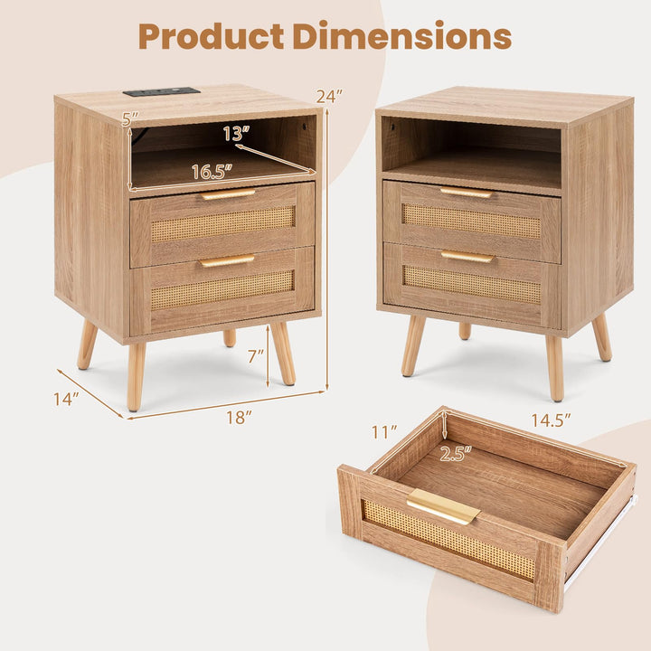 GIANTEX Rattan Nightstand with 2 Drawers &amp; Open Shelf (1/2)