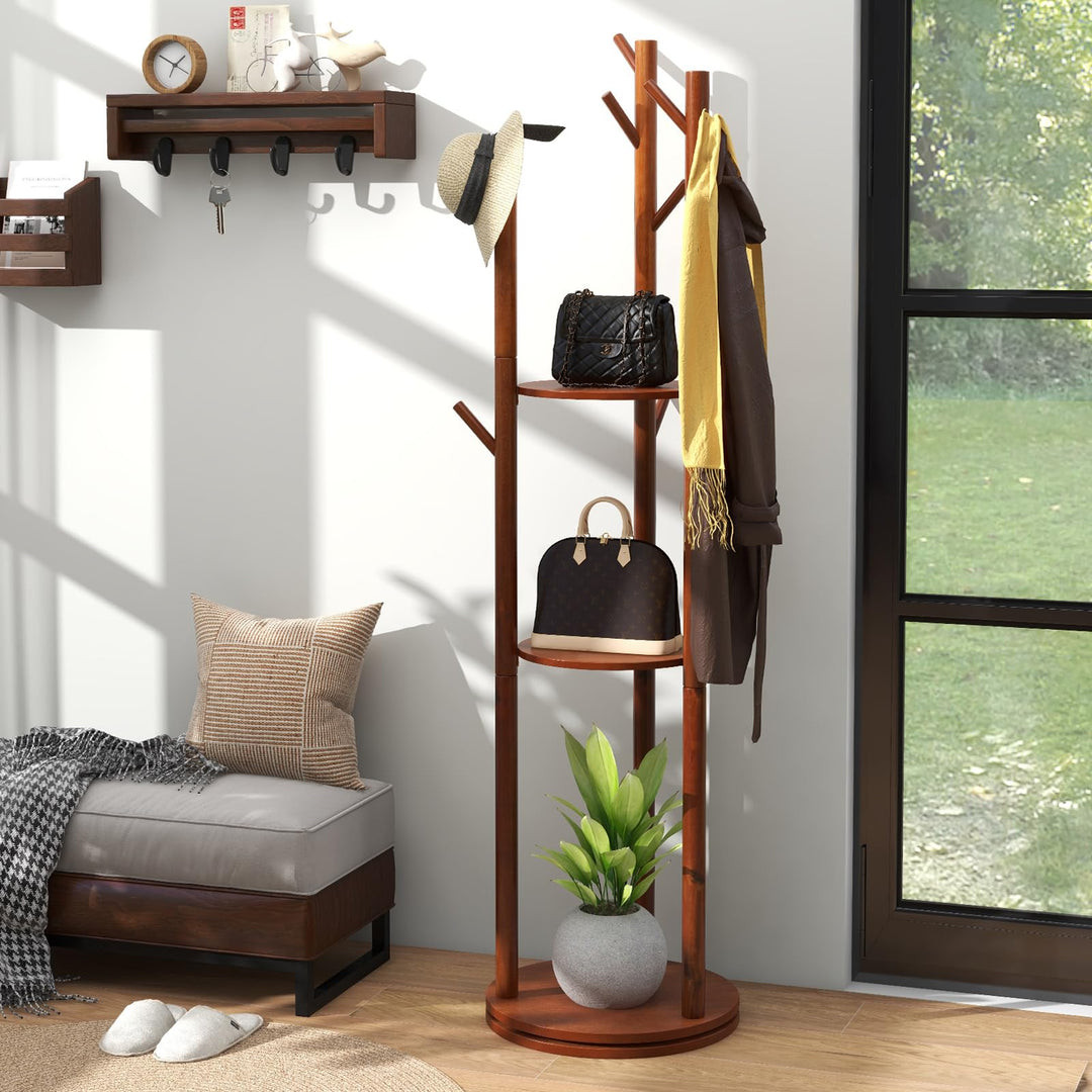 Giantex Coat Rack Freestanding, Wooden Rotary Coat Tree w/ 3 Display Storage Shelves & 9 Hooks