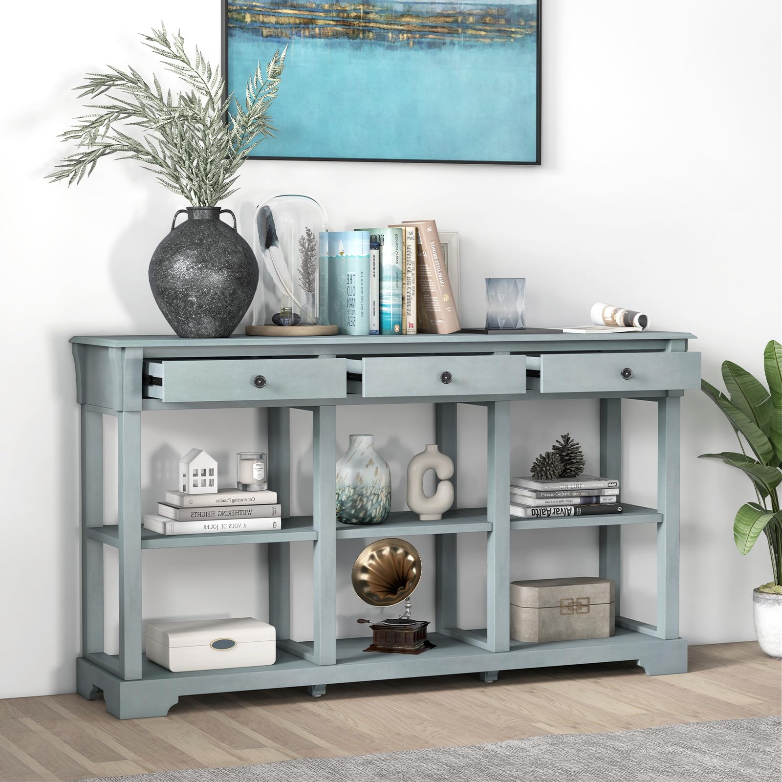 Giantex Console Table with Storage, 58” Long Sofa Table with 3 Drawers & Open Shelves
