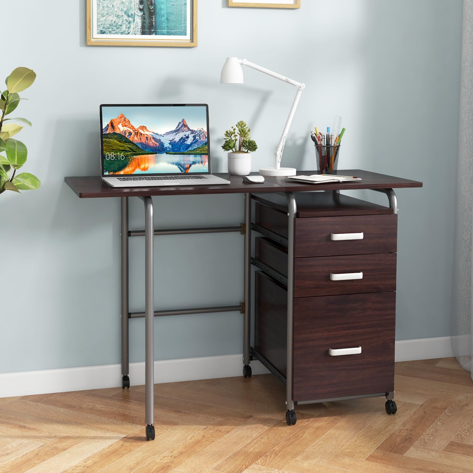 Giantex Folding Desk for Small Space, Rolling Home Office Desk with 3 Drawers & Lockable Universal Wheels
