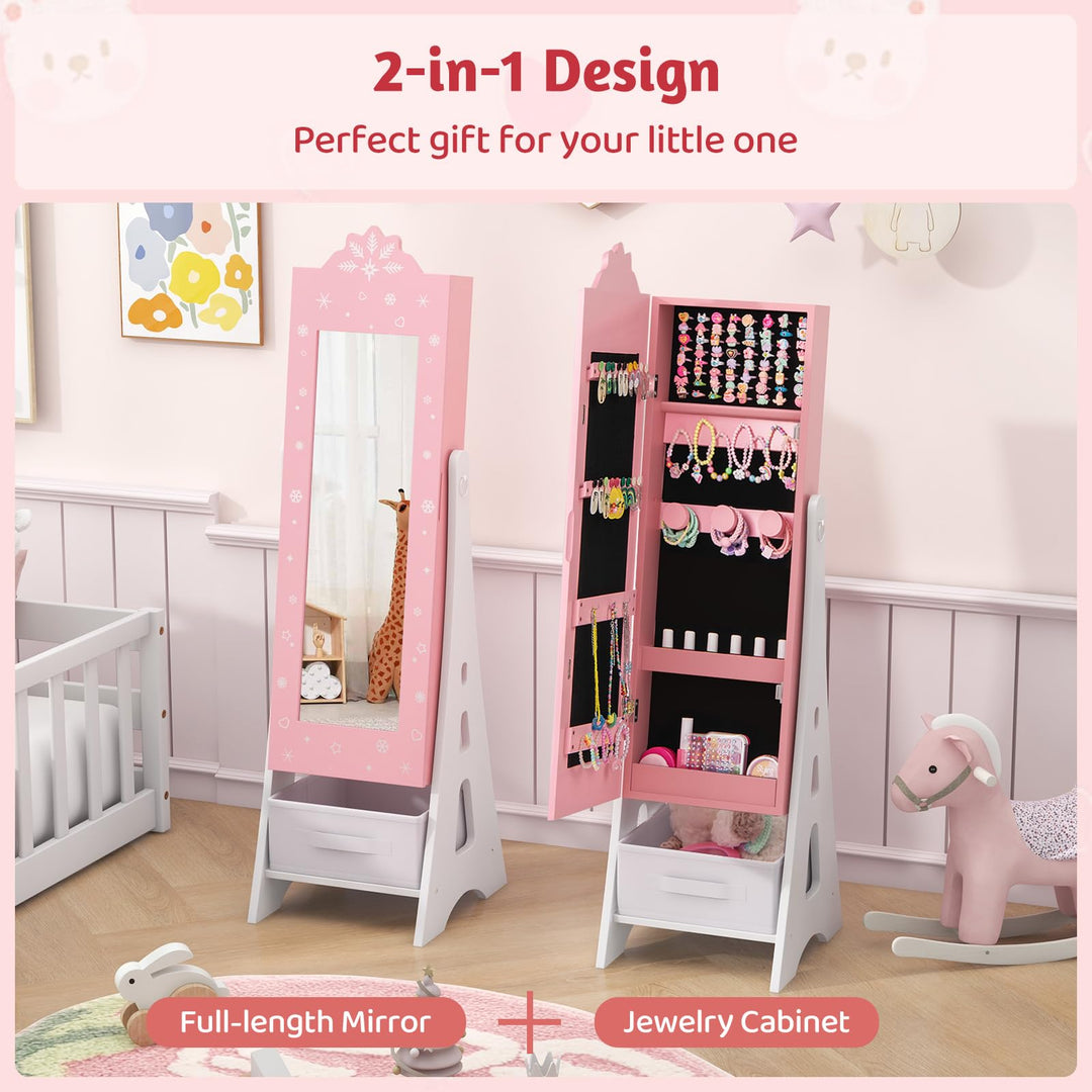 CHARMAID Kids Mirror Jewelry Cabinet - Standing Full Length Mirror with Jewelry Storage