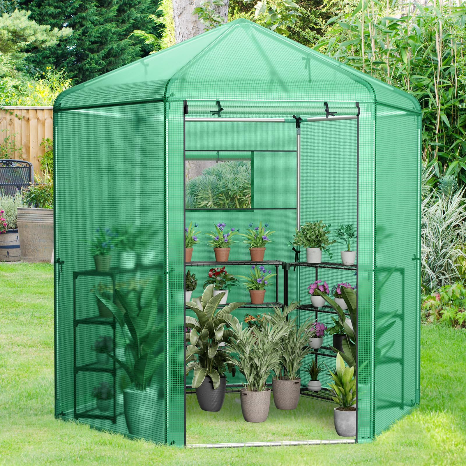 Giantex 7 x 6 x 7.5 FT Greenhouse, Large Hexagonal Walk in Greenhouse Outdoor with Heavy-Duty Metal Frame