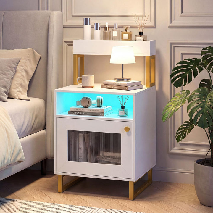 Giantex Night Stand with LED Lights | Tall Sofa Side Couch End Table w/Top Tray (1/2)