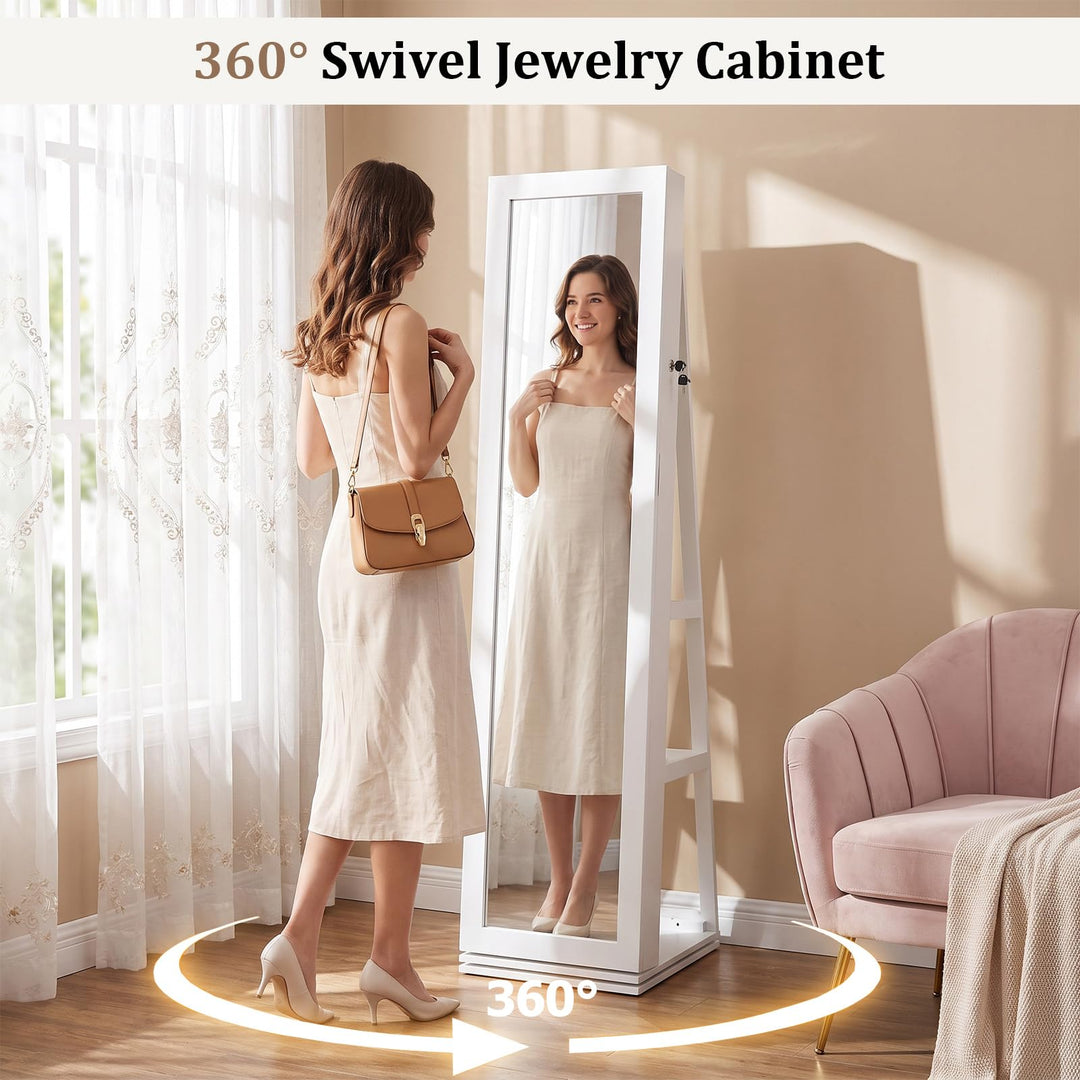 CHARMAID Swivel Jewelry Armoire with Full Length Mirror &amp; Rear Storage Shelves