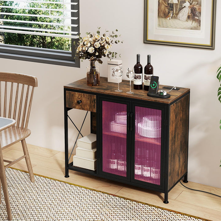 Giantex Industrial Buffet Sideboard with Power Outlets and LED Light