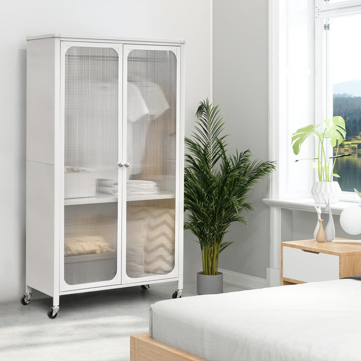 Portable Closet with Rollers, Mobile Metal Armoire Closet with Hanging Rod