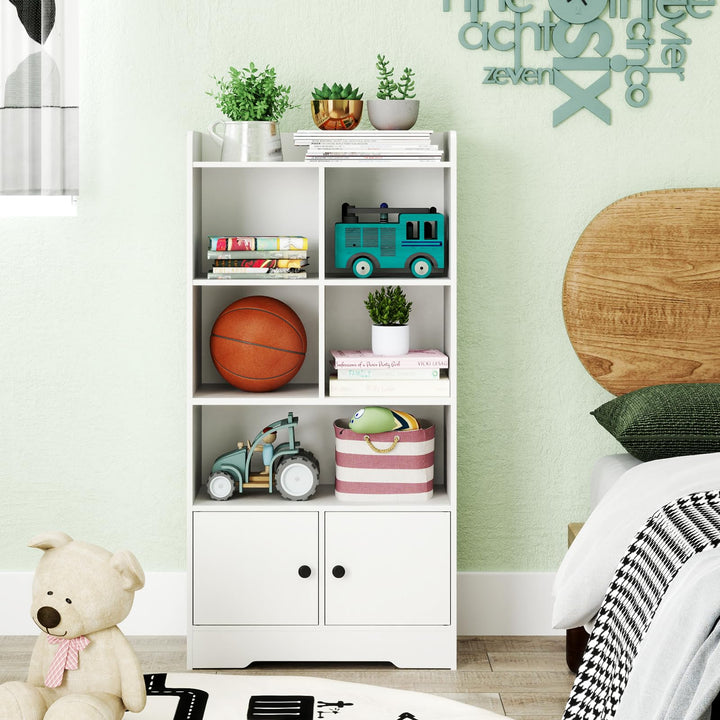 Giantex 4-Tier Bookcase with Doors, Small Bookshelf with 5 Cubbies and 2 Cabinets, White Freestanding Bookshelf