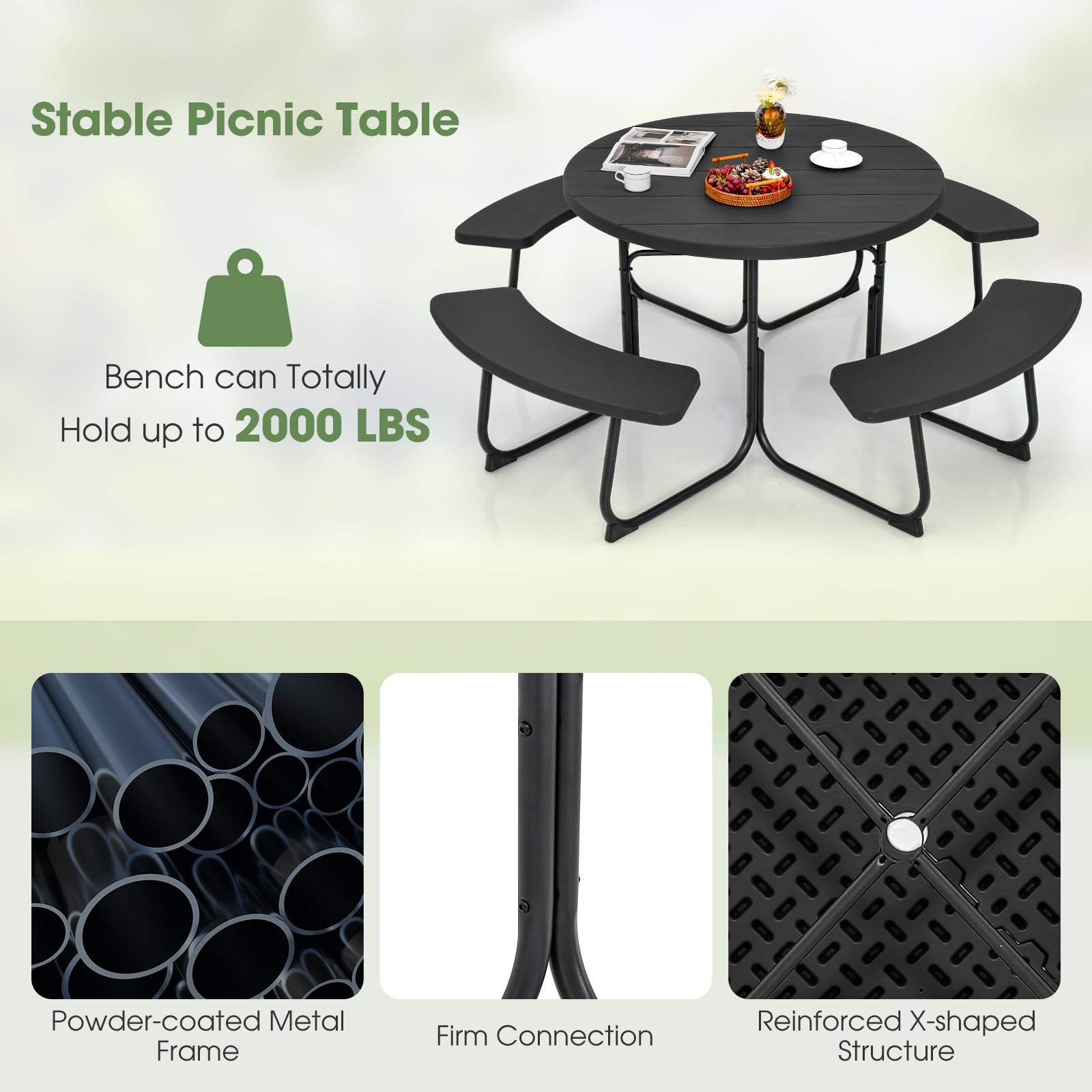 Giantex Picnic Table Set for Up to 8 Persons, Round Outdoor Table and Bench Set with Umbrella Hole