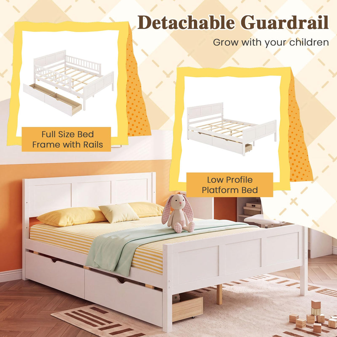 GIANTEX Full/Twin Size Bed Frame with 2 Storage Drawer &amp; Guardrails for Kids