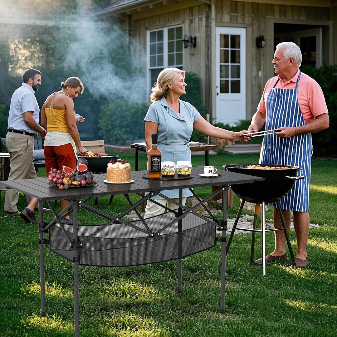 Giantex Folding Camping Table Portable Picnic Table w/Aluminum Roll-up Tabletop & Mesh Basket