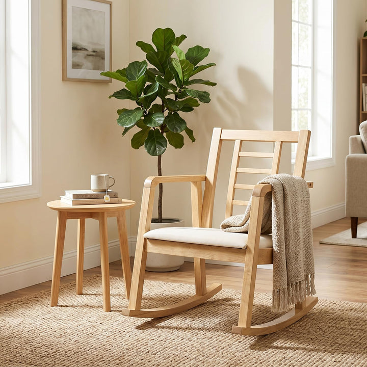 Giantex Wooden Solid Rubber Wood Rocker with Fabric Upholstered Seat (1/2)