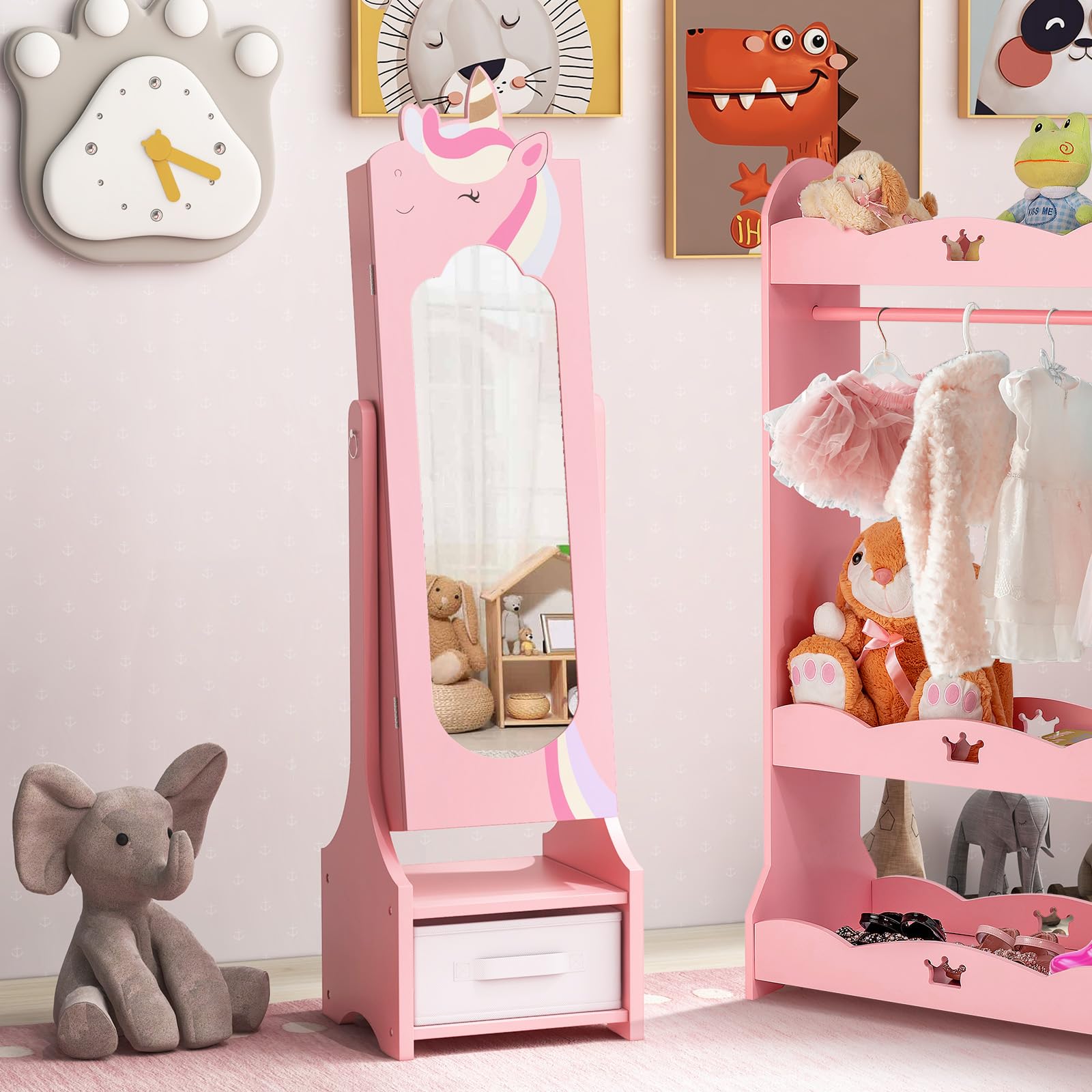 CHARMAID Kids Mirror Jewelry Cabinet - 45.5'' Full Length Mirror with Jewelry Storage