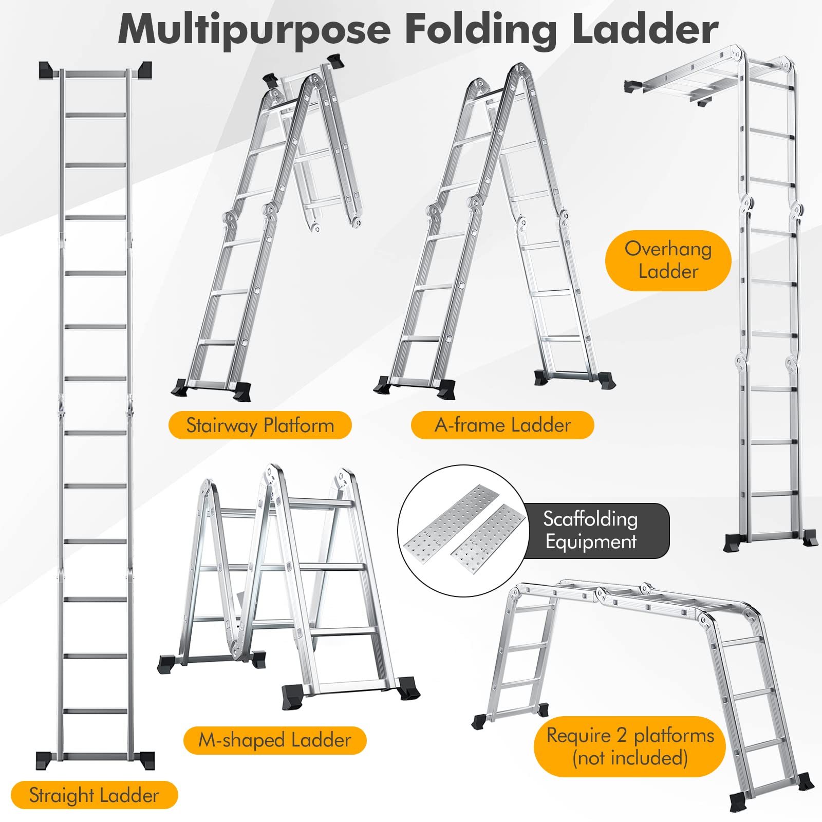 7 in 1 Folding Extension Ladders,Extendable Scaffold Aluminum Step Ladder 330LB (12.2 Ft)