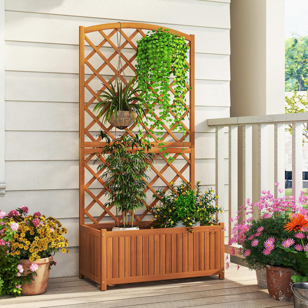 Giantex Solid Acacia Wood Planter Box with Trellis 63" Raised Garden Bed with Trellis
