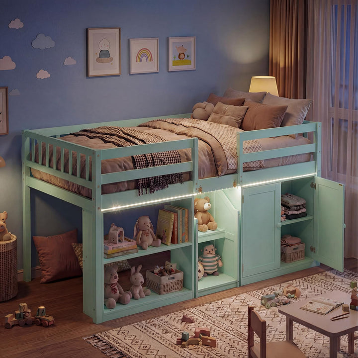 Giantex Low Loft Bed Twin Size with LED Lights, Wooden Bed Frame