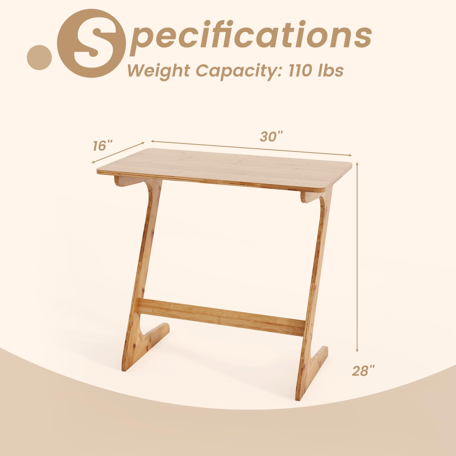 Giantex Bamboo TV Tray Table, Z Shaped Sofa Couch Side Table for Eating Snacks Coffee Laptop