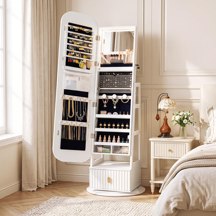 CHARMAID 360° Swivel Jewelry Cabinet with 3-Color LED Vanity Mirror