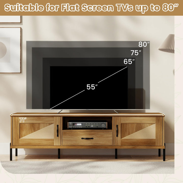 Giantex Mid Century Modern Rattan TV Stand for TVs up to 80"  w/ 2 Storage Cabinets
