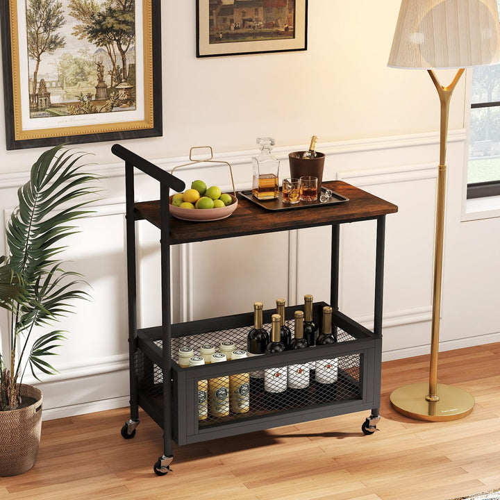 Giantex Rolling End Table with Handle 2-Tier Sofa Side Table with Open Shelf & Mesh Basket