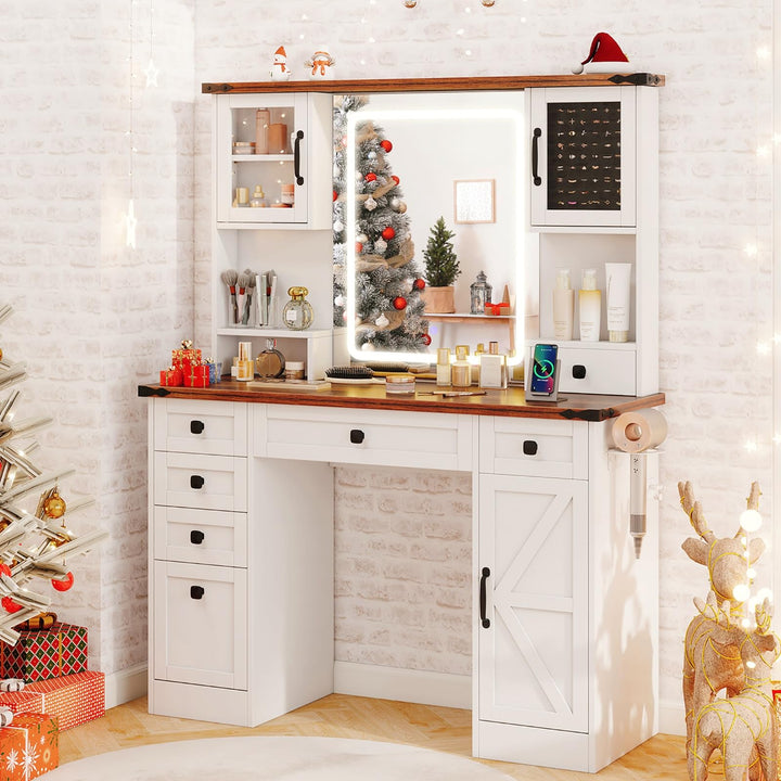 CHARMAID Vanity Desk with Mirror and Lights, Farmhouse Makeup Vanity Desk with 7 Drawers, 45" White Vanity Dressing Table for Bedroom