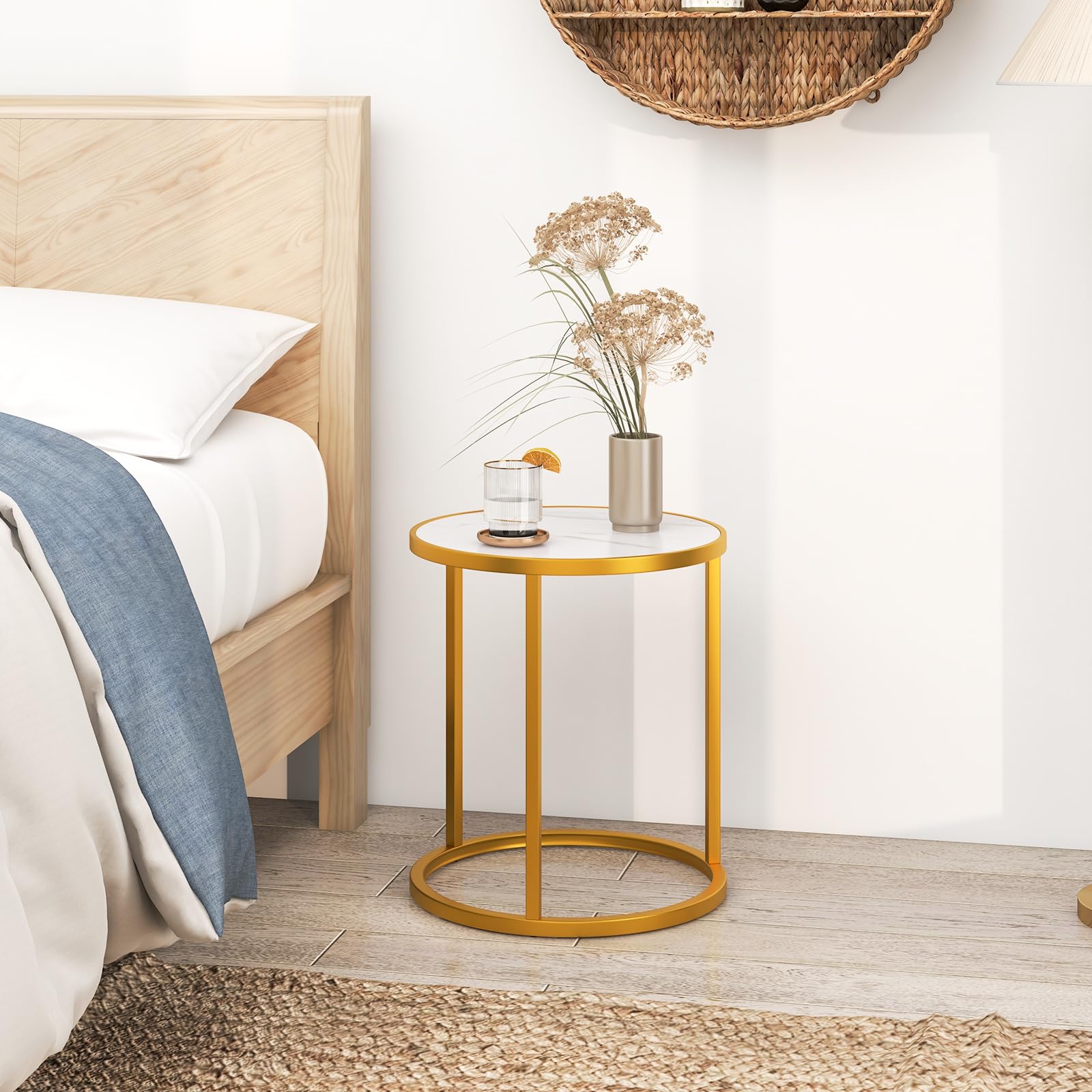 Giantex Faux Marble Side Table, Round End Table with Golden Metal Frame and White Marble Top