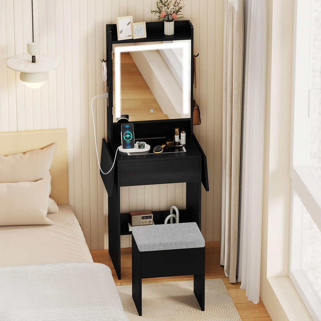 CHARMAID Compact Vanity Desk with Lighted Mirror & Charging Station