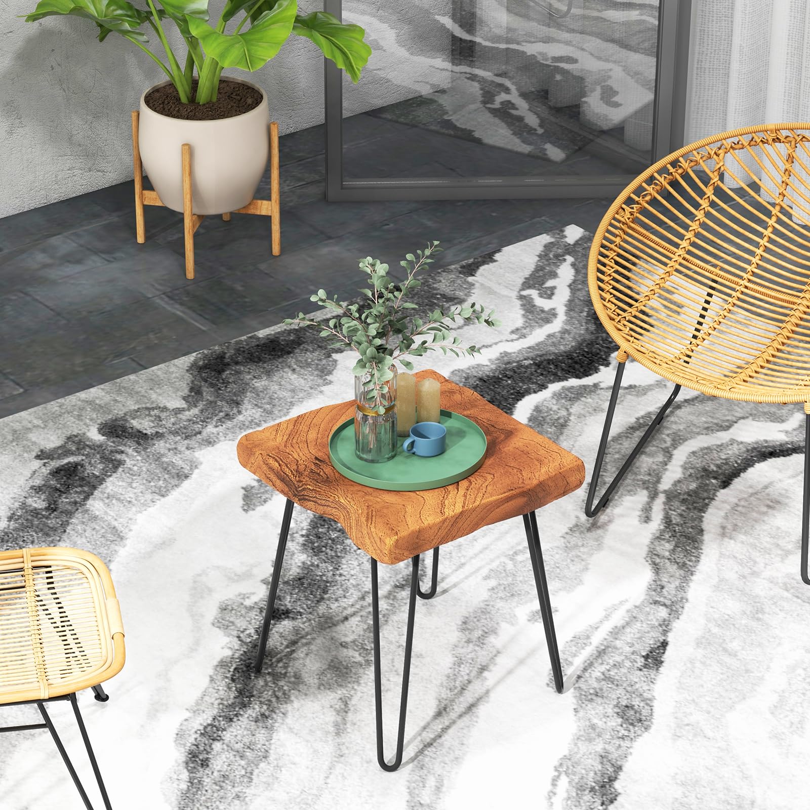 Giantex Teak Wood End Table, Solid Live Edge Outdoor Side Table w/Natural Grain & Heavy-Duty Metal Legs