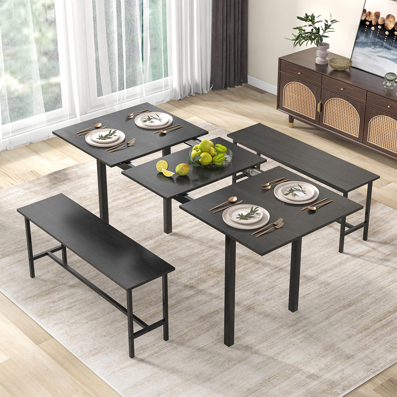 Giantex Dining Room Table Set for 4-6, 3 Piece Dining Table Set, 63” Extendable Dining Table with 2 Benches