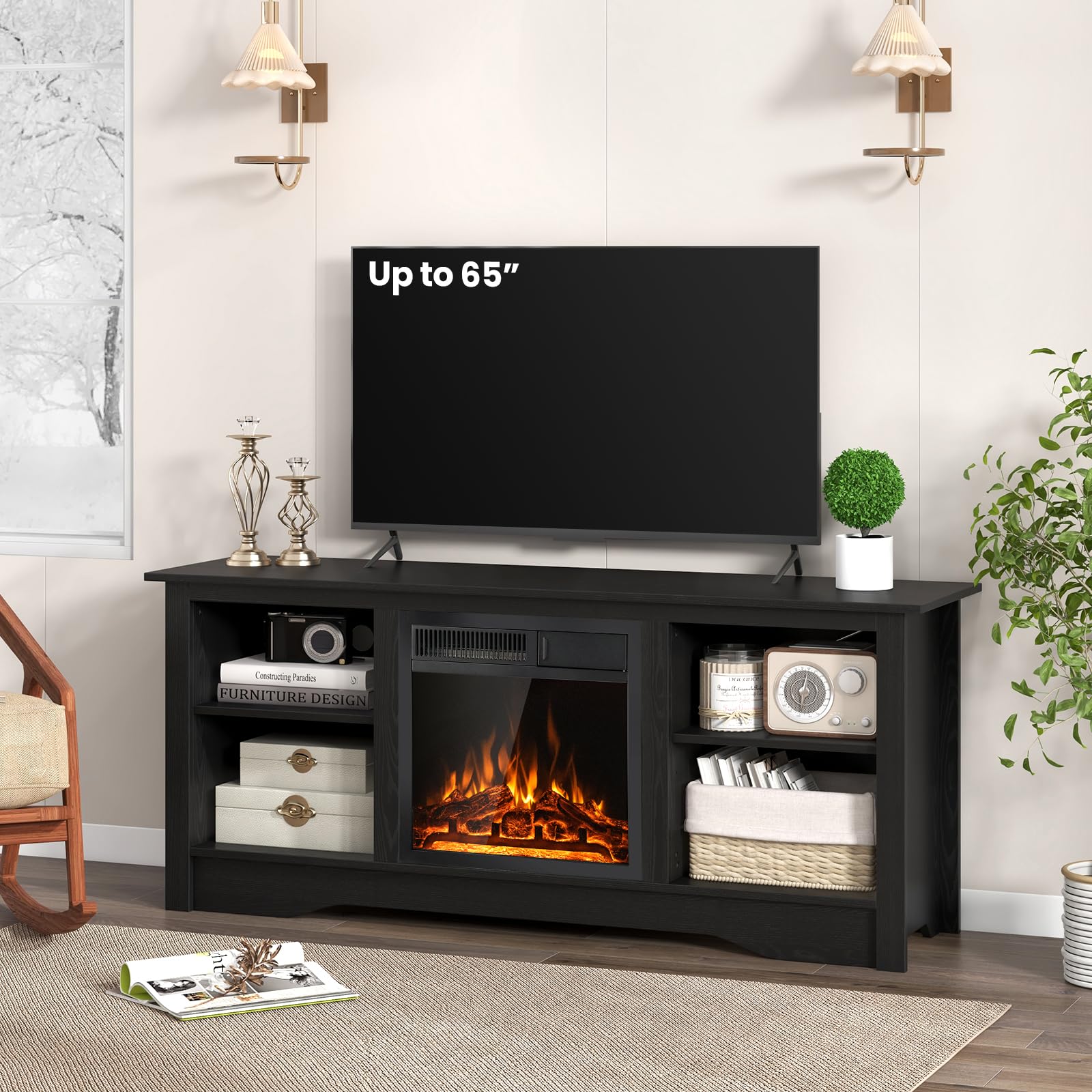 Giantex Fireplace TV Stand for TVs Up to 65”, Entertainment Center with Adjustable Shelves