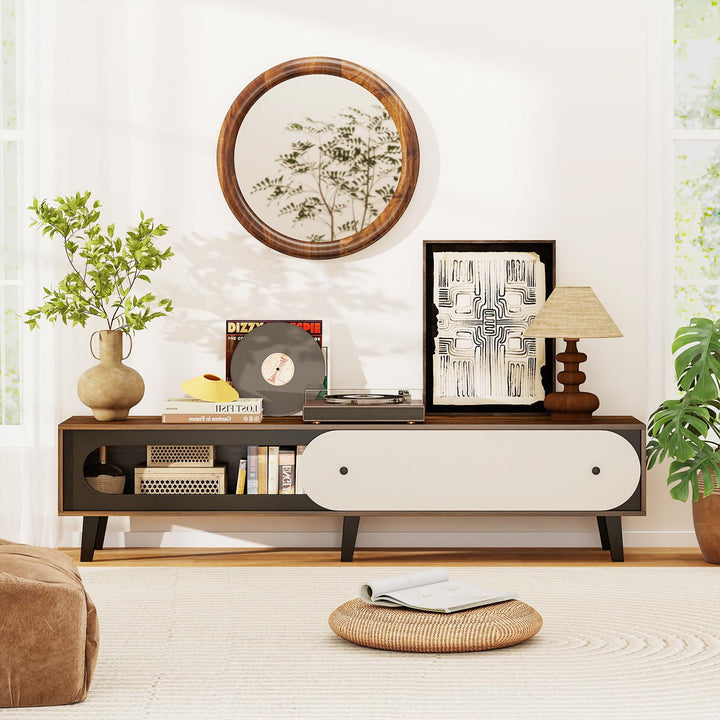 Giantex TV Stand for 80 Inch TVs Mid Century Modern Entertainment Center with Sliding Door Cabinet