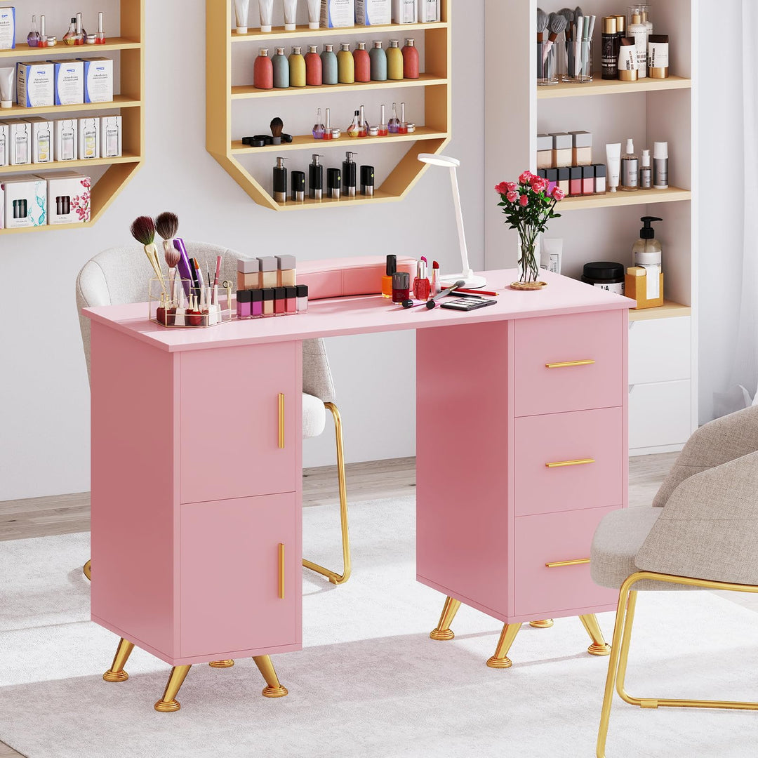 Giantex Manicure Table Nail Desk - Nail Table Station with 3 Drawers, 2 Storage Cabinet, Wrist Rest