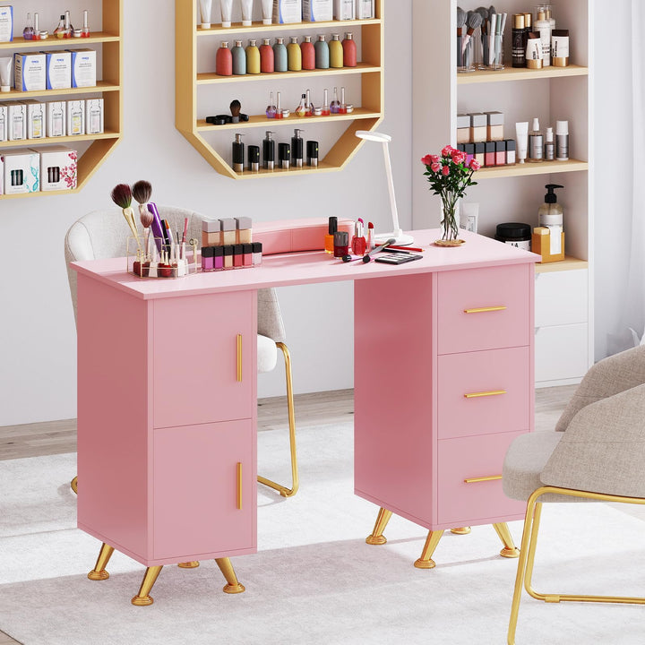 Giantex Manicure Table Nail Desk - Nail Table Station with 3 Drawers, 2 Storage Cabinet, Wrist Rest