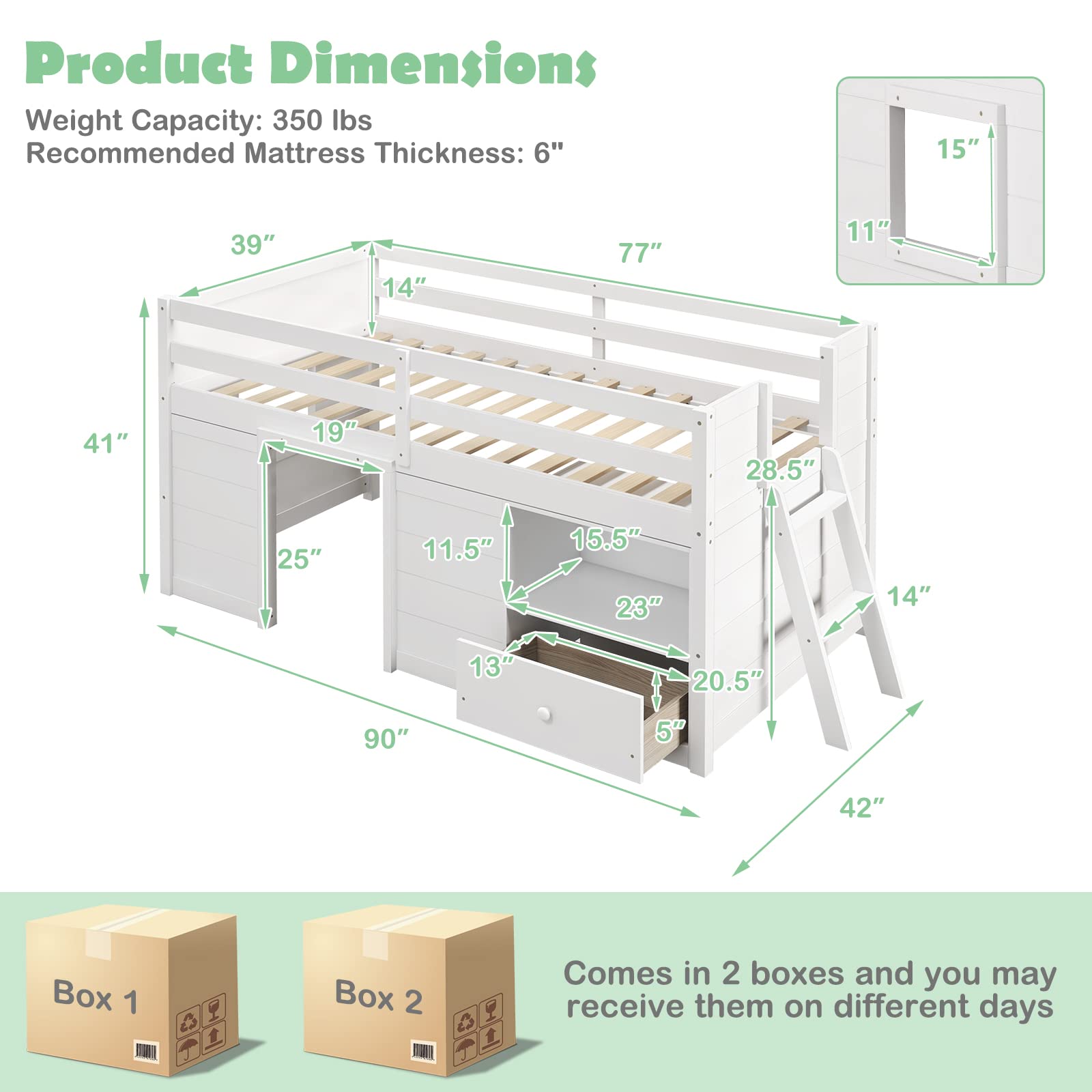 Giantex Twin Low Loft Bed with Storage, Solid Wood House Loft Bed with Drawer & Activity Center, White