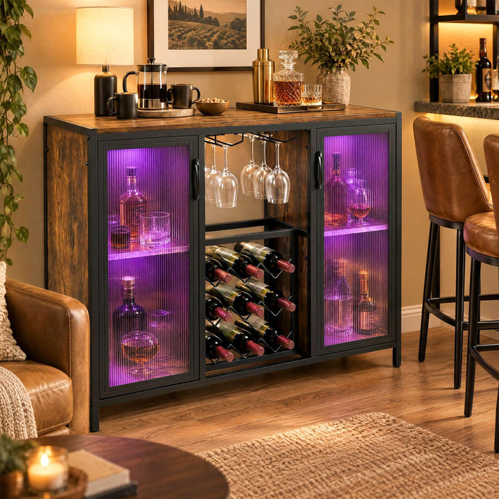 GIANTEX Modern Coffee Bar Cabinet with Wine Racks &amp; LED Lights