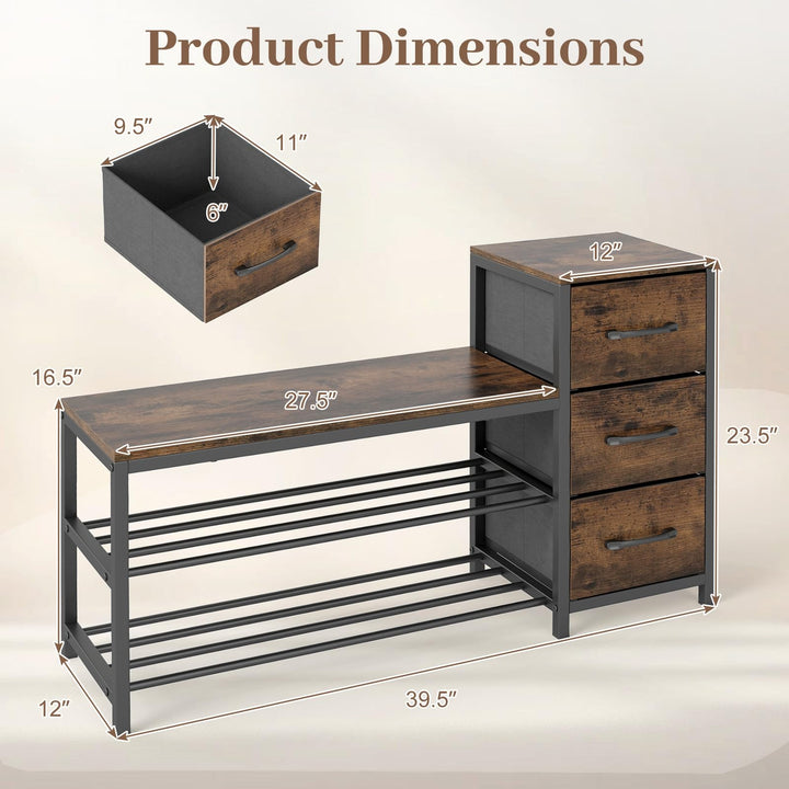Giantex 3-Tier Industrial Shoe Storage Bench with 3 Removable Fabric Drawers