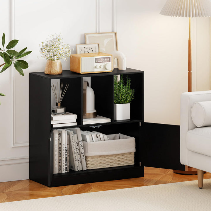 Giantex 3-Cube Bookcase with Doors | 3-Tier Cubic Bookshelf w/Open Compartments & Cabinet