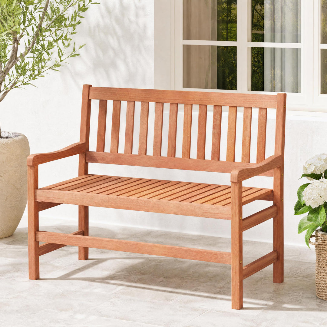 GIANTEX 44 Inch Solid Wood Patio Bench with Slatted Backrest &amp; Armrests