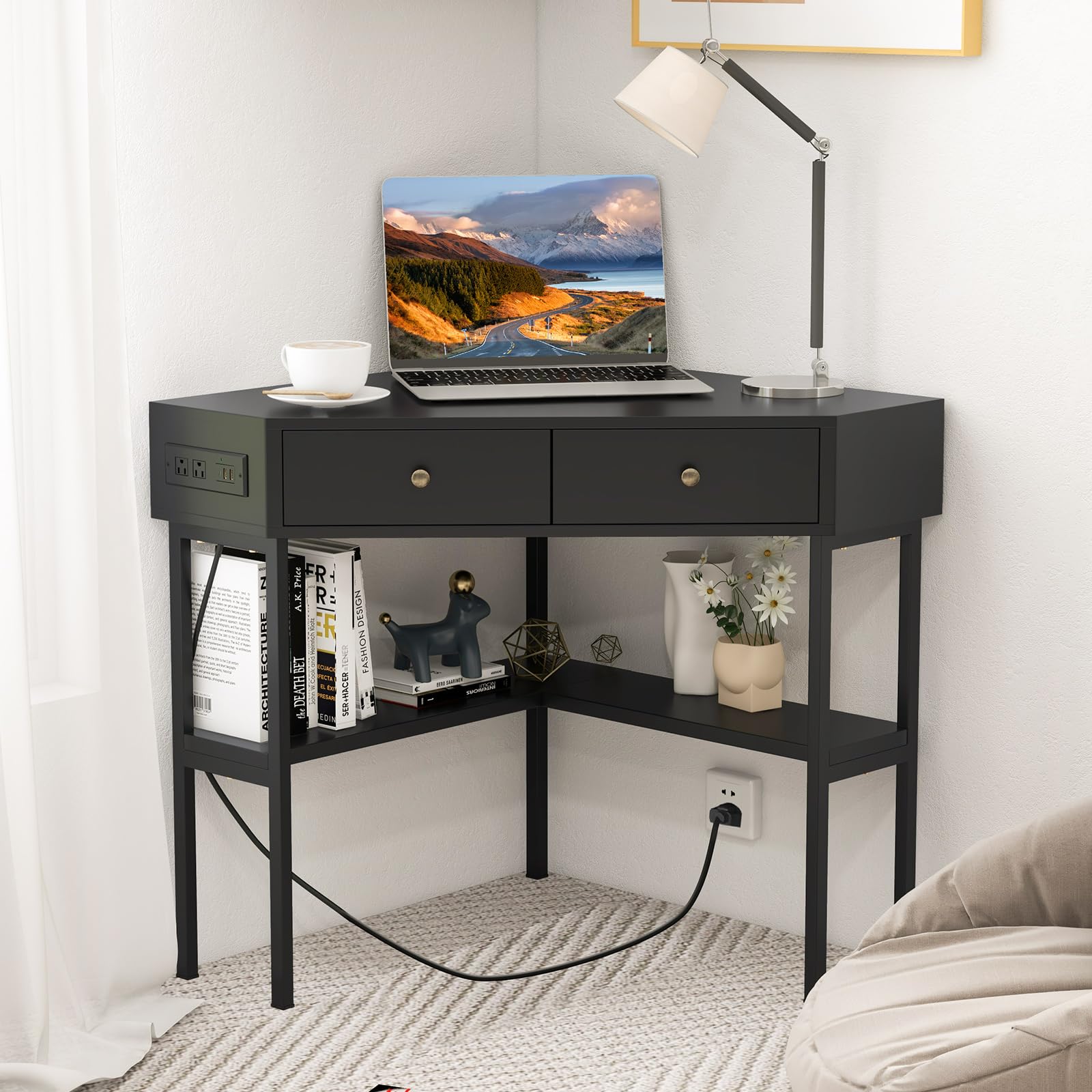 Giantex Corner Desk with Charging Station, 90 Degree Triangle Computer Desk with 2 Drawers & Storage Shelf
